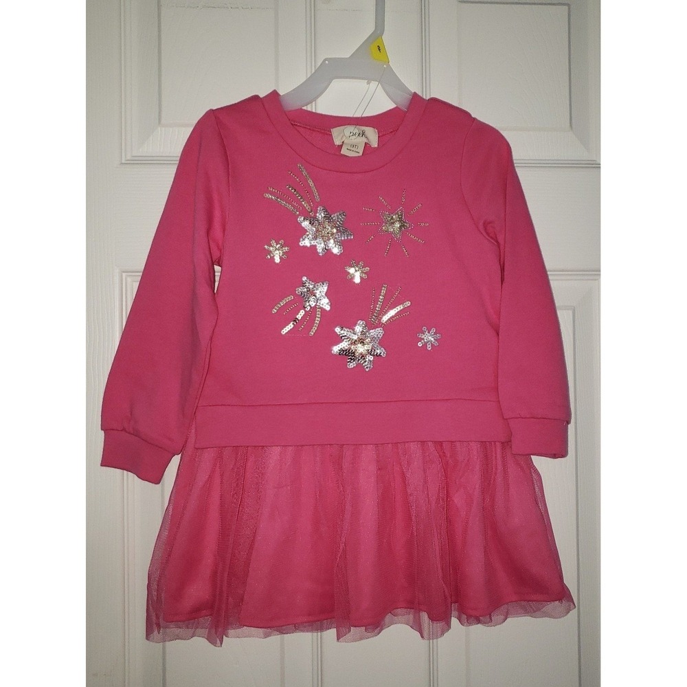 Peek Toddler Girls NWT Dress long Sleeve Pink Sequence Size 3T